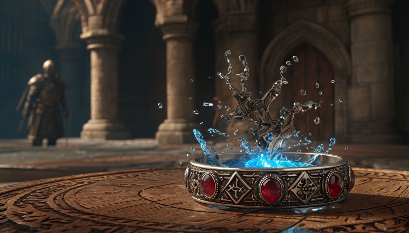 Magic fountain with blue water and ornate ring in a bibical chamber with stone pillars.