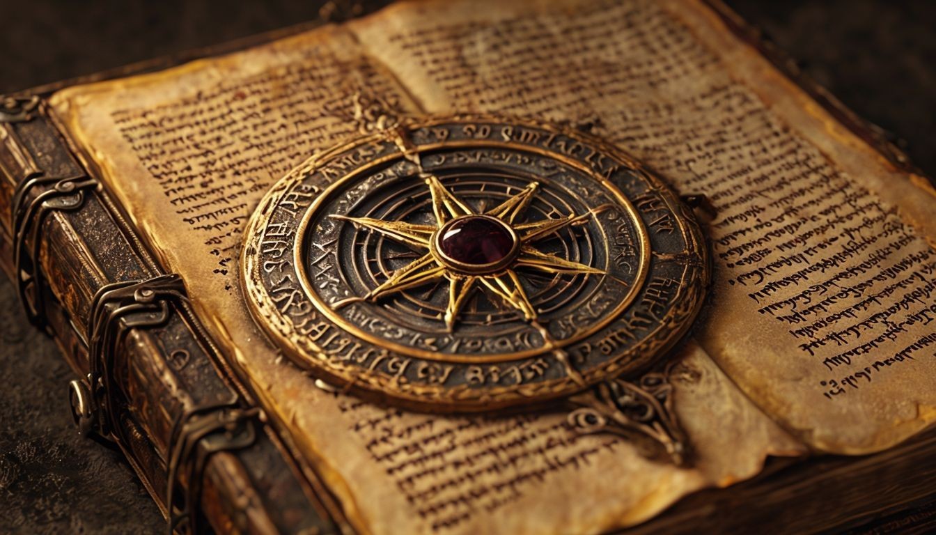 Ancient book with intricate metal compass and handwritten script on aged pages.