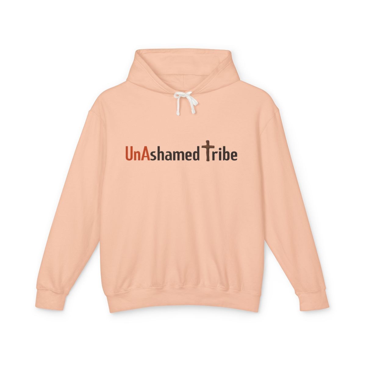 Peach hoodie with 'UnAshamed Tribe' and a cross design on the front.