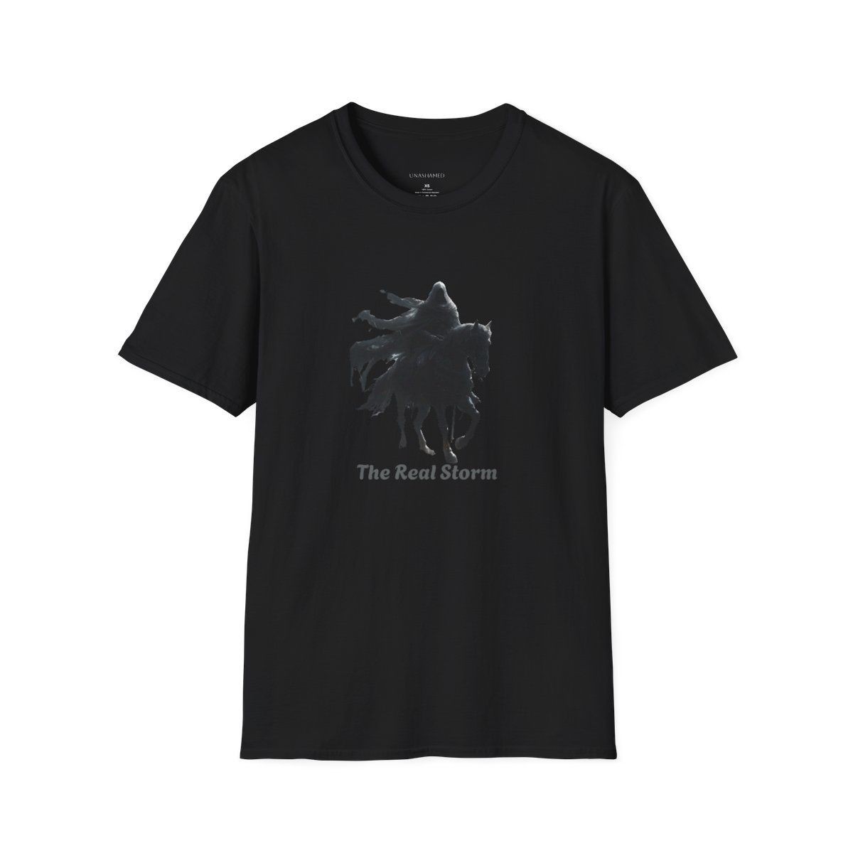 Black T-shirt with a mysterious hooded figure on horseback and text 'The Real Storm.'