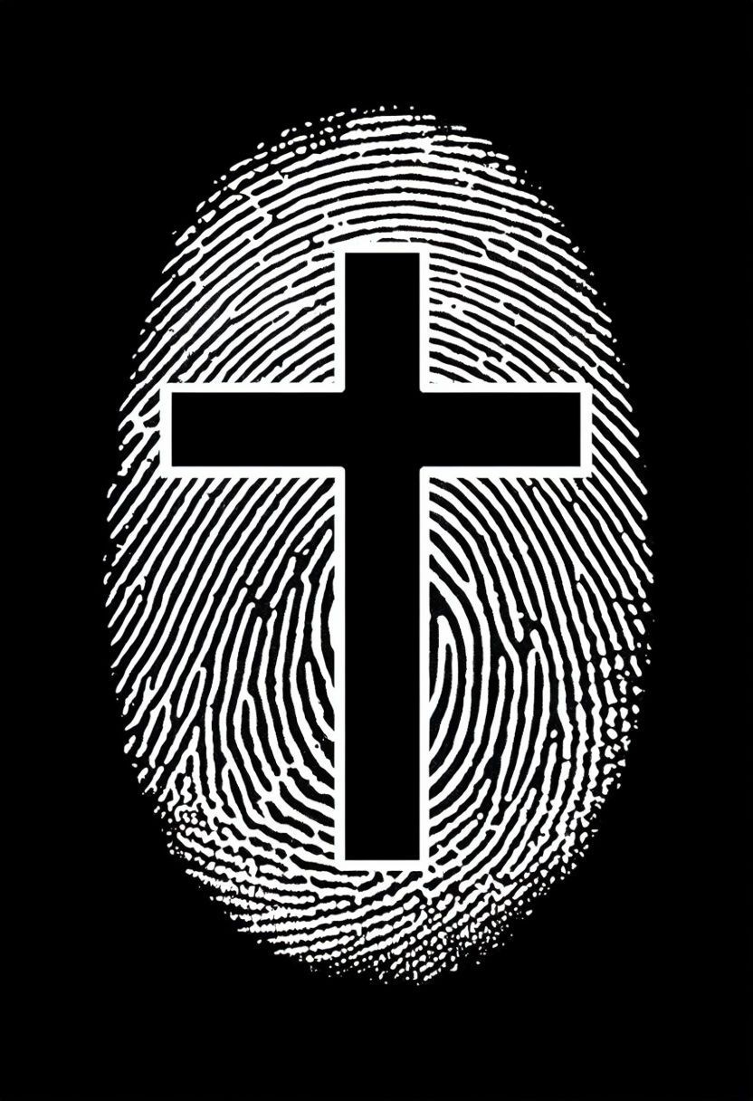 Black cross overlaid on a white fingerprint pattern on a black background.