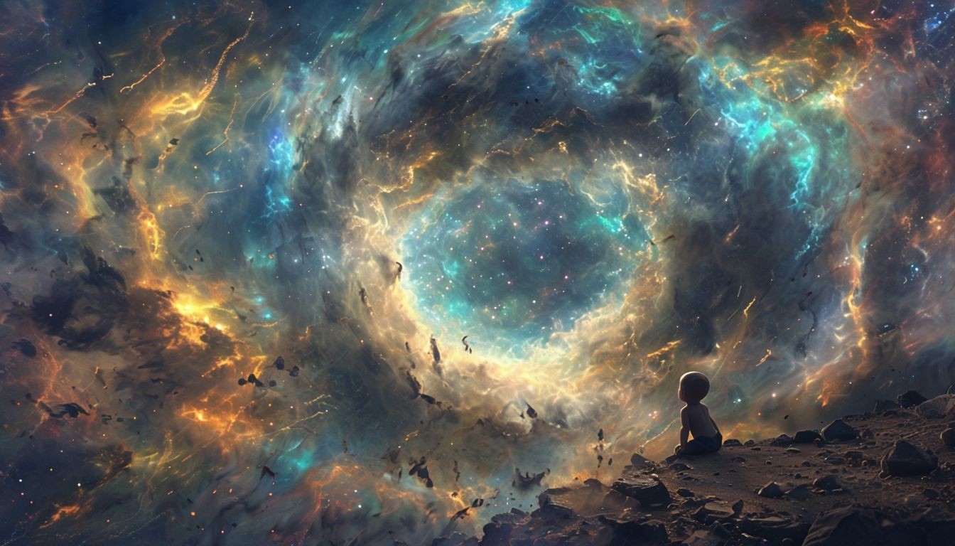 Child sitting on rocky surface gazing at swirling colorful nebula in space.