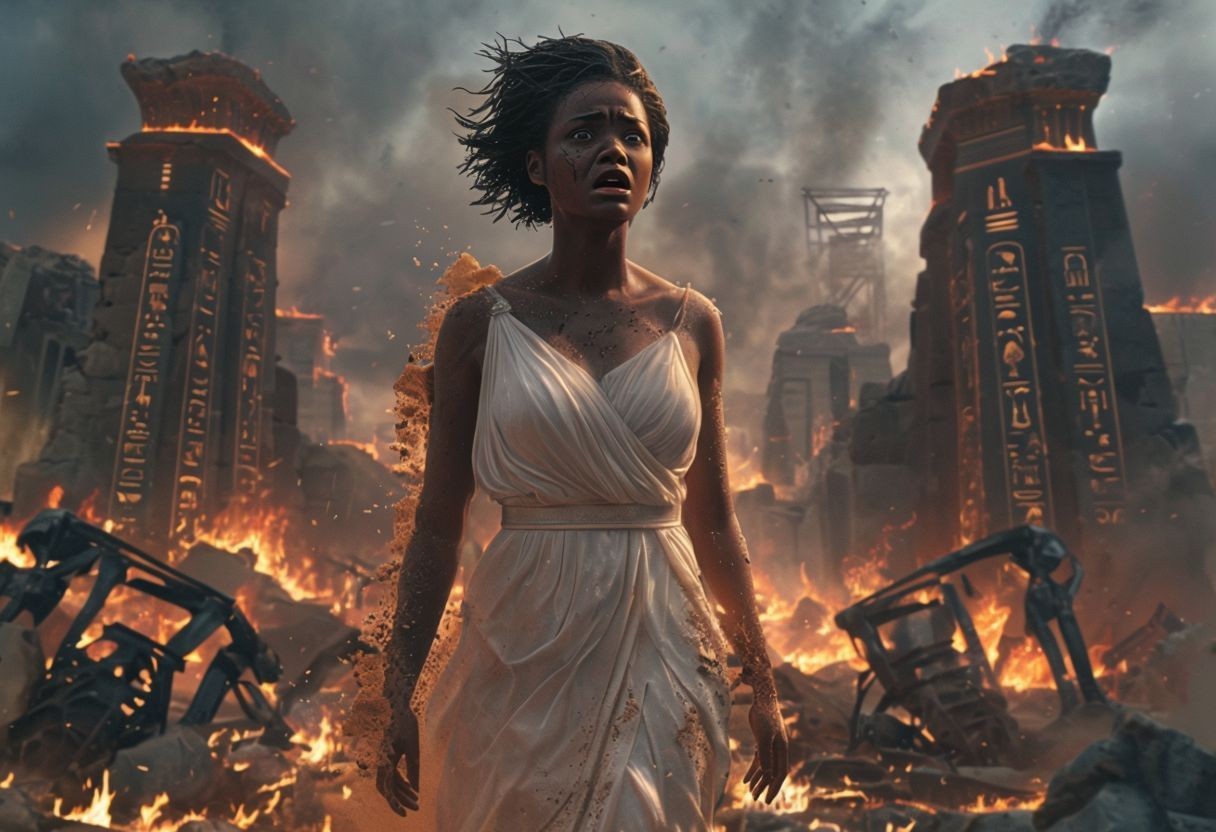 Woman in a white dress walking through a burning, ancient ruin with smoke and flames surrounding her.