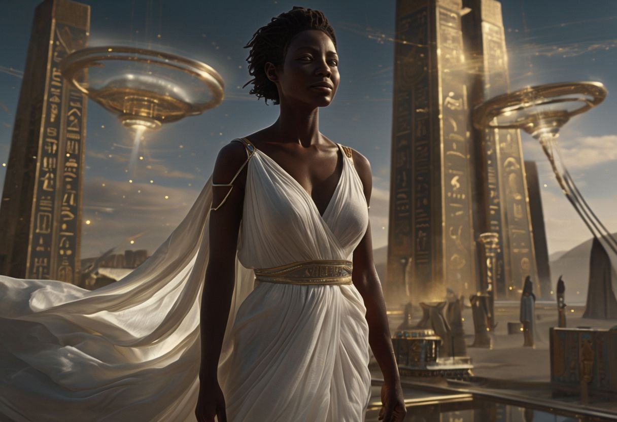 Woman in white gown standing in an ancient, futuristic setting with tall pillars and glowing structures.